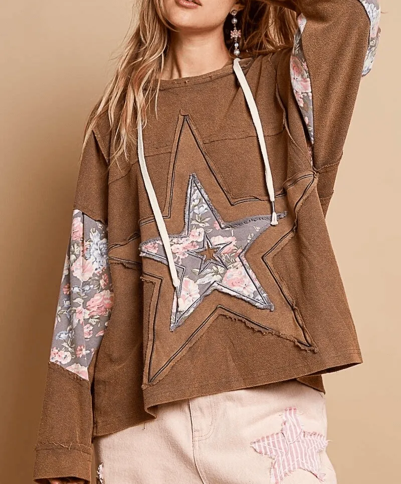 POL 100% Cotton Hoodie USA Stock Women Floral Star Patchwork Brown Raw Edge Top