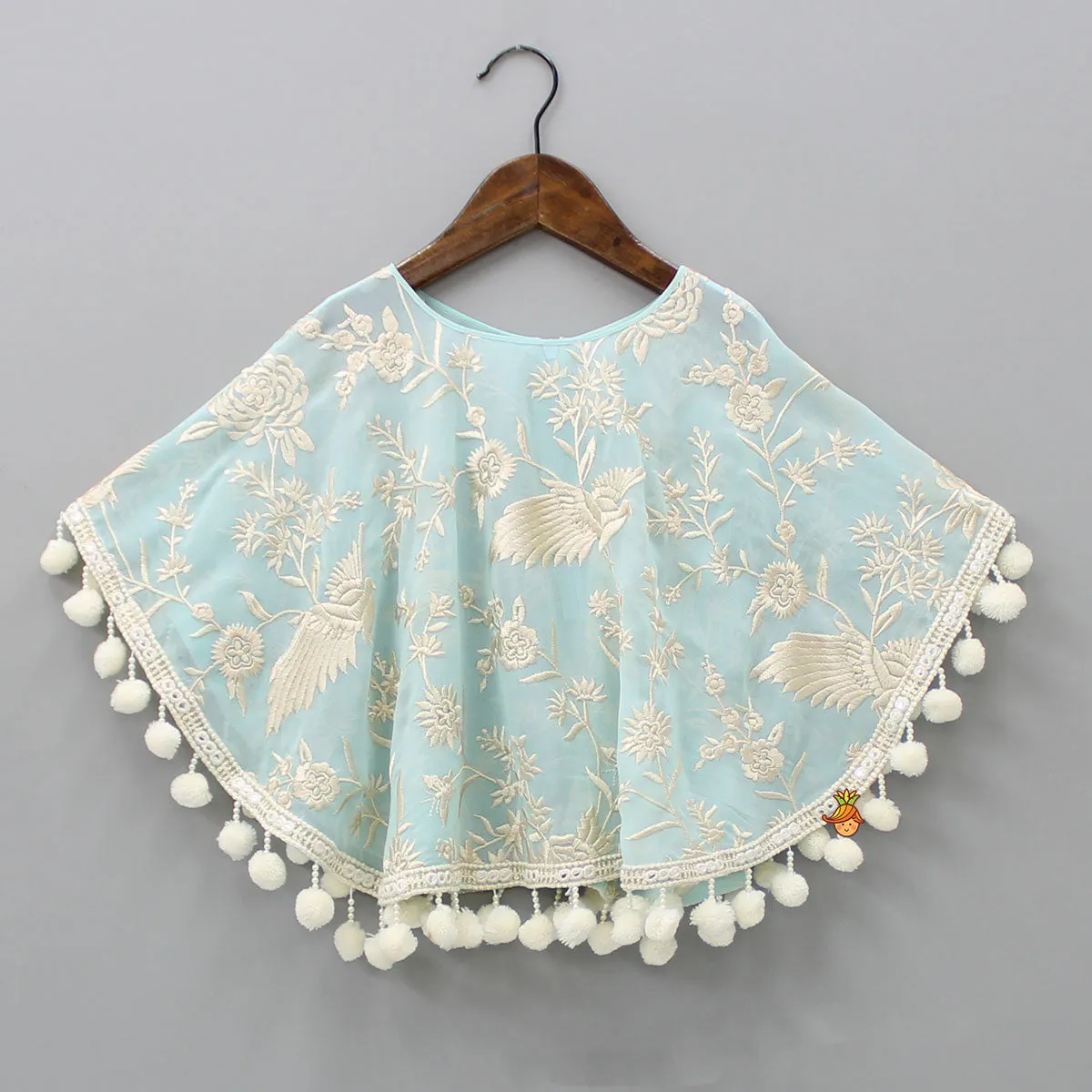 Pre Order: Blue Top With Pom Poms Detailed Embroidered Cape And Palazzo