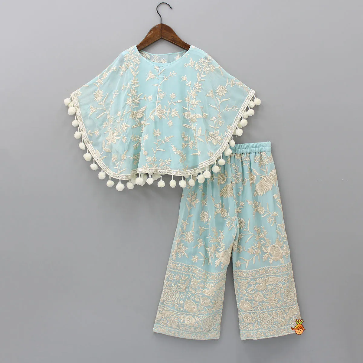 Pre Order: Blue Top With Pom Poms Detailed Embroidered Cape And Palazzo