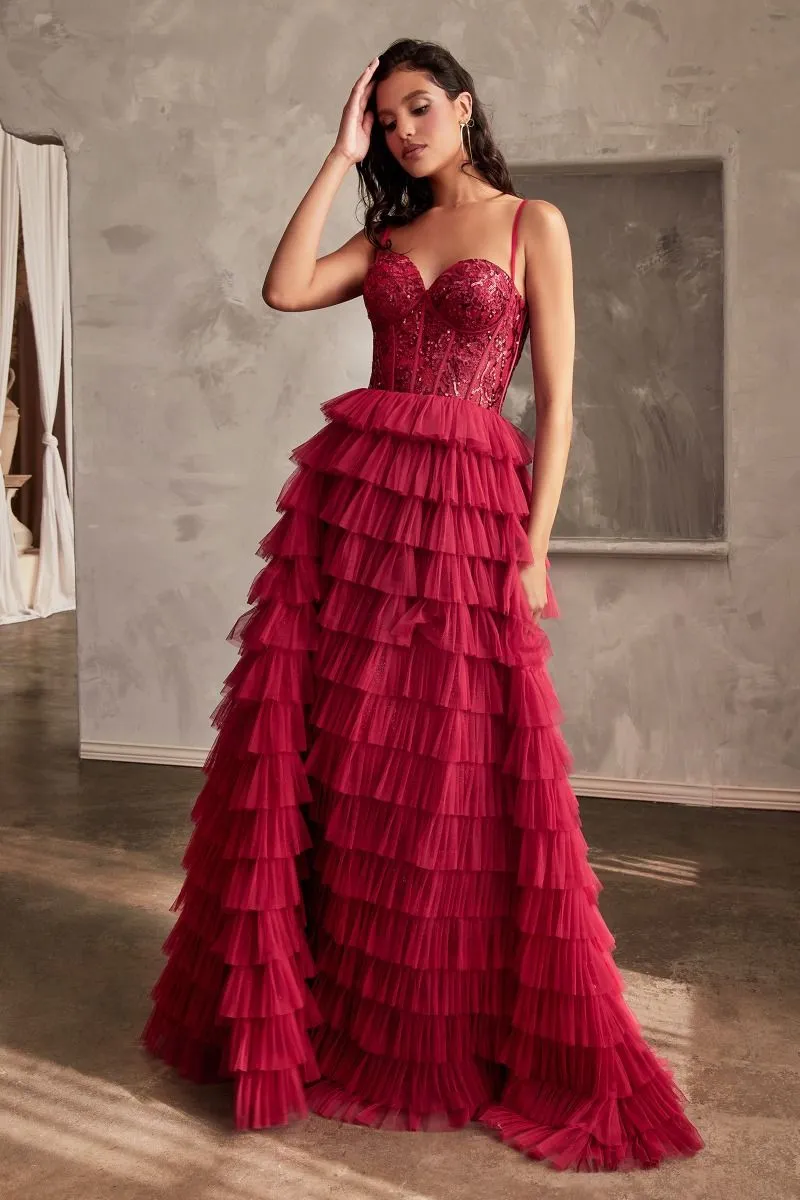 Reema Prom Dress Layered Tiered Ballgown 740143TKR-Burgundy Cinderella Divine CB143   LaDivine CB143