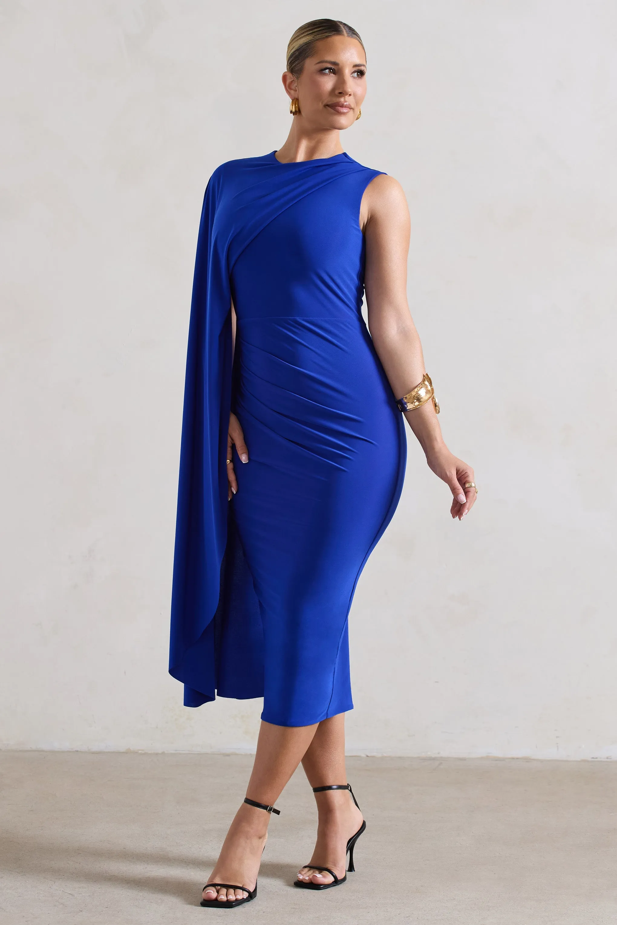 Reveal | Royal Blue One-Sleeve Cape Midi Dress