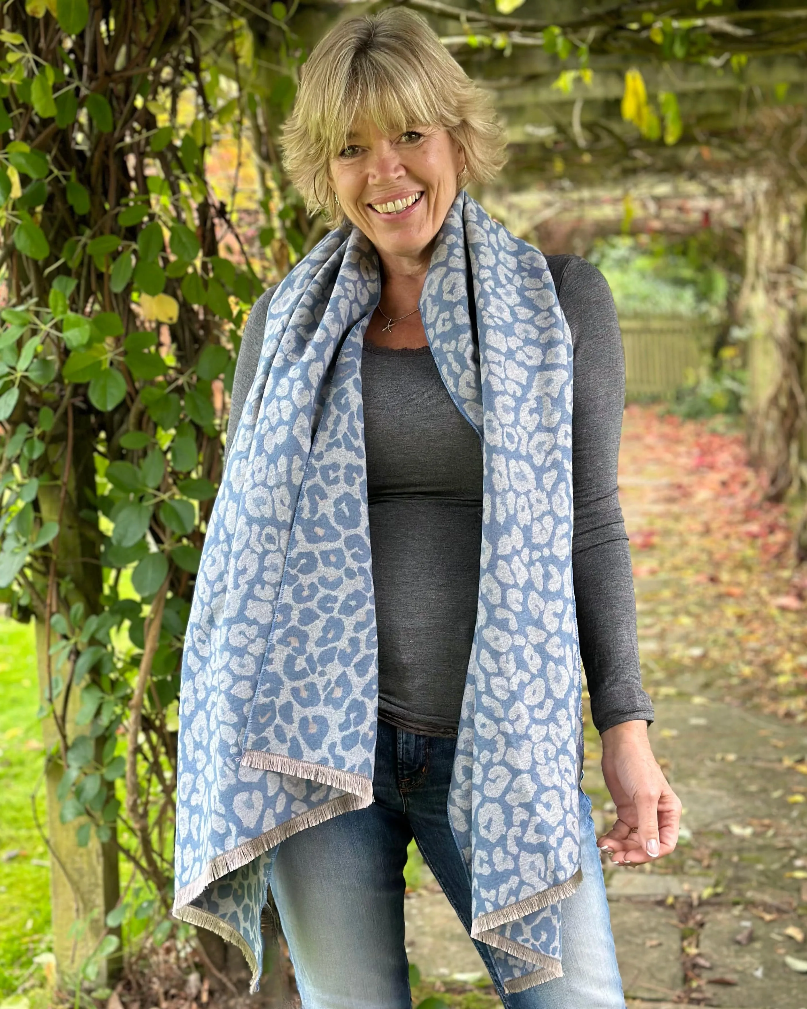 Reversible Leopard Print Scarf - Grey/Denim