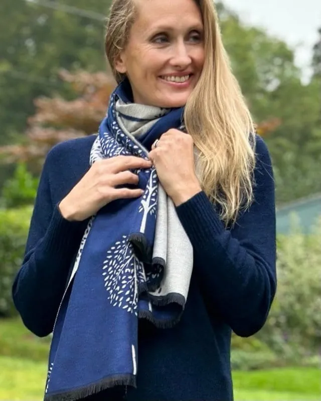 Reversible Tree Of Life Scarf - Navy/Pale Grey