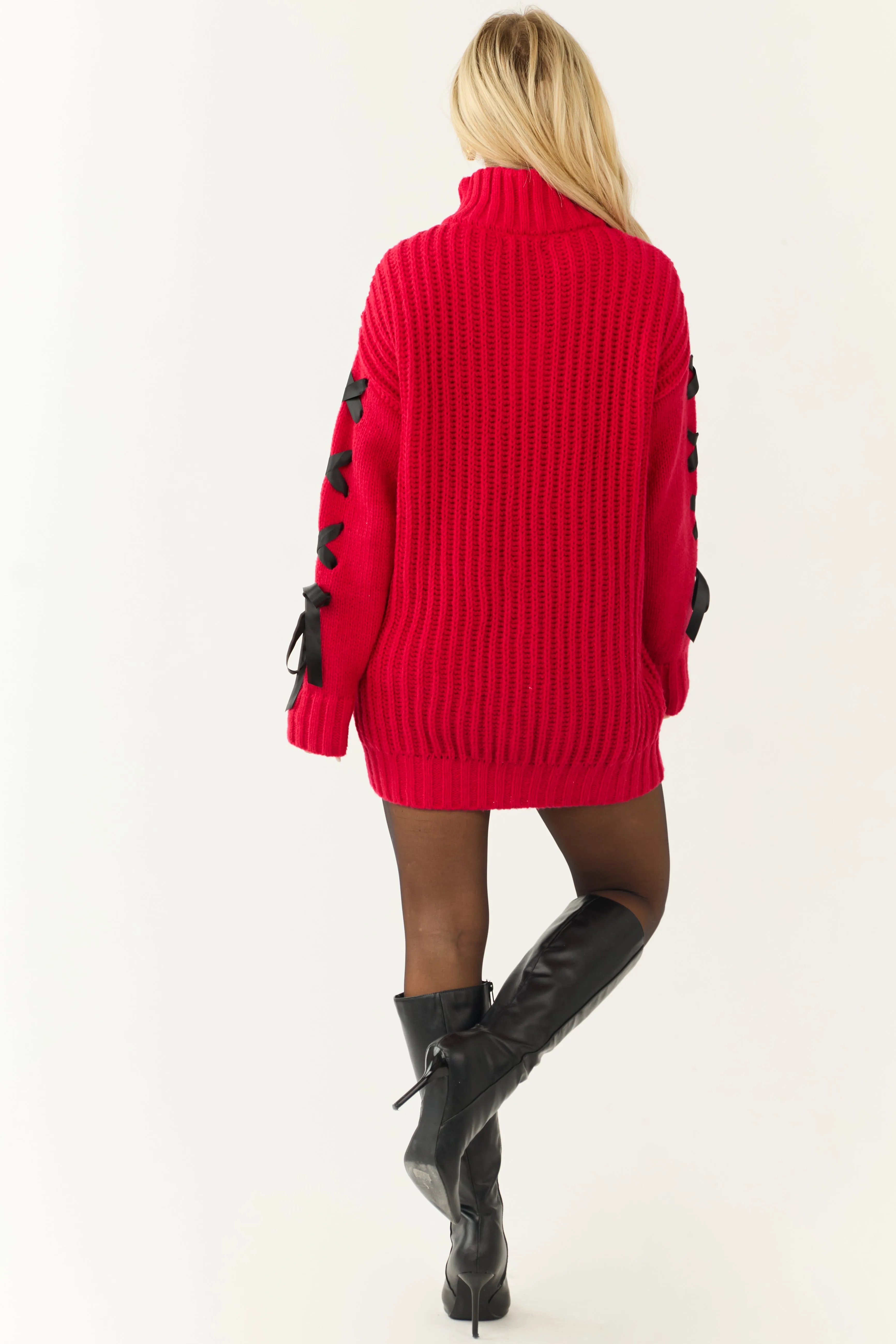 Ruby Cable Knit Ribbon Sleeve Mini Sweater Dress