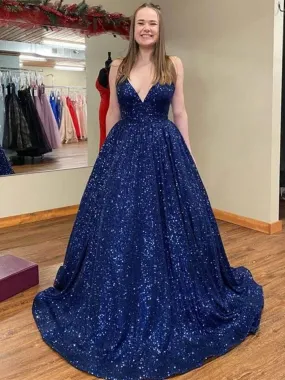 Shiny V Neck Navy Blue Long Prom Dresses, Sparkly Navy Blue Formal Evening Dresses, Ball Gown