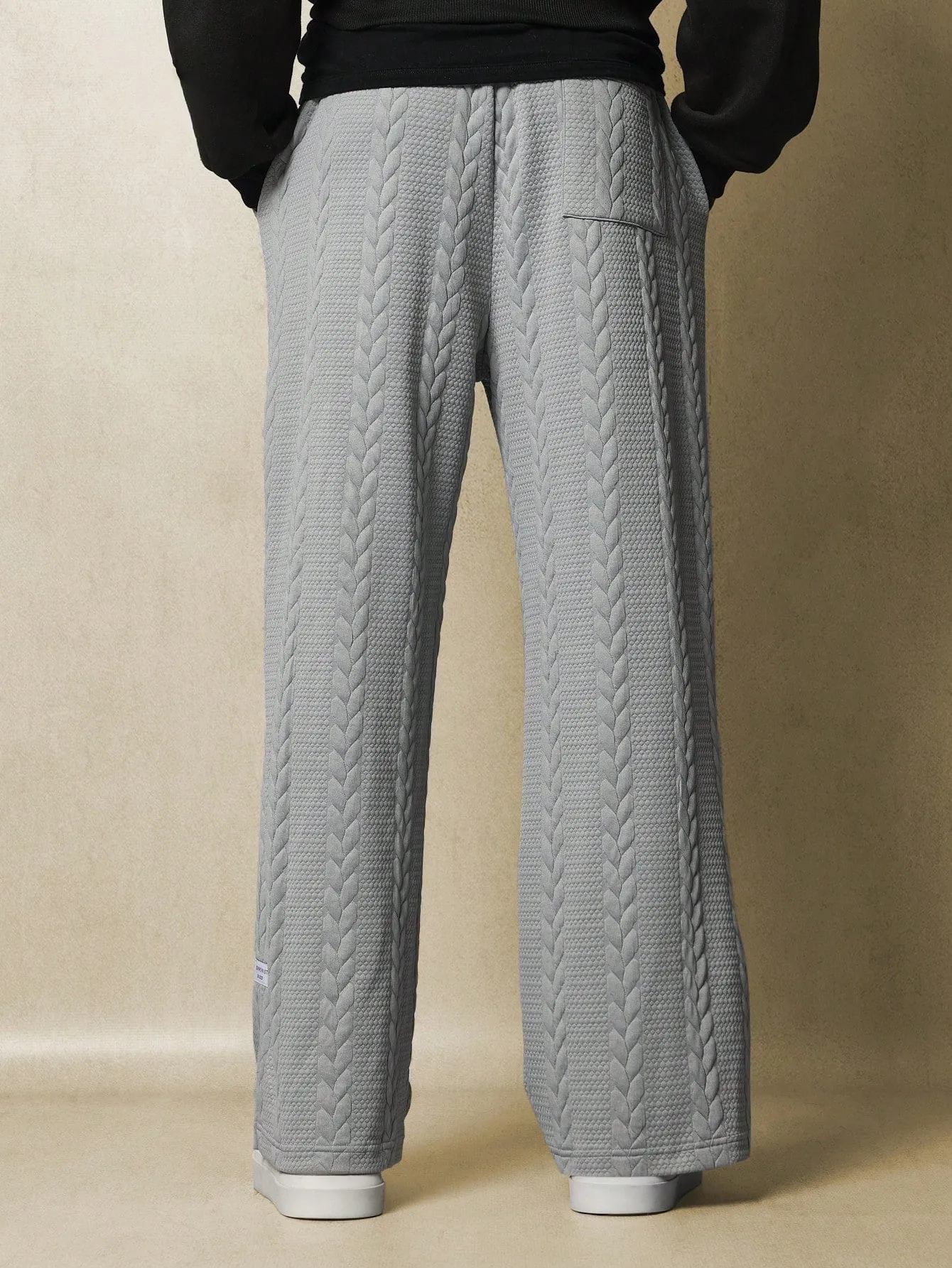 Straight Fit Cable Sweatpants With Slit, Label & Drawstrings