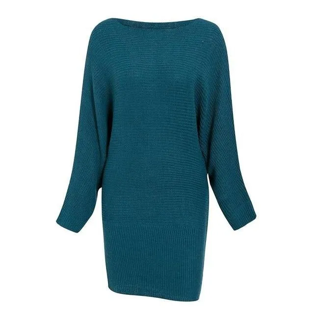 Streetwear Knitted Dress Sexy Solid O-neck Batwing Sleeve Mini Casual Chic Pullover Sweater Dress