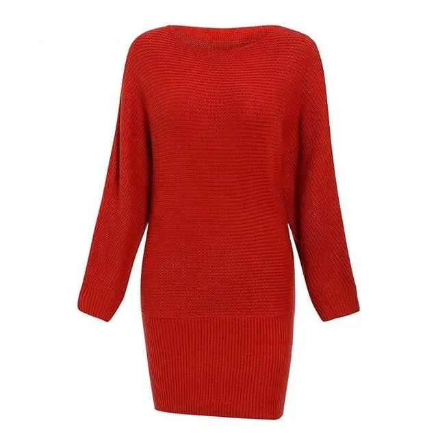 Streetwear Knitted Dress Sexy Solid O-neck Batwing Sleeve Mini Casual Chic Pullover Sweater Dress