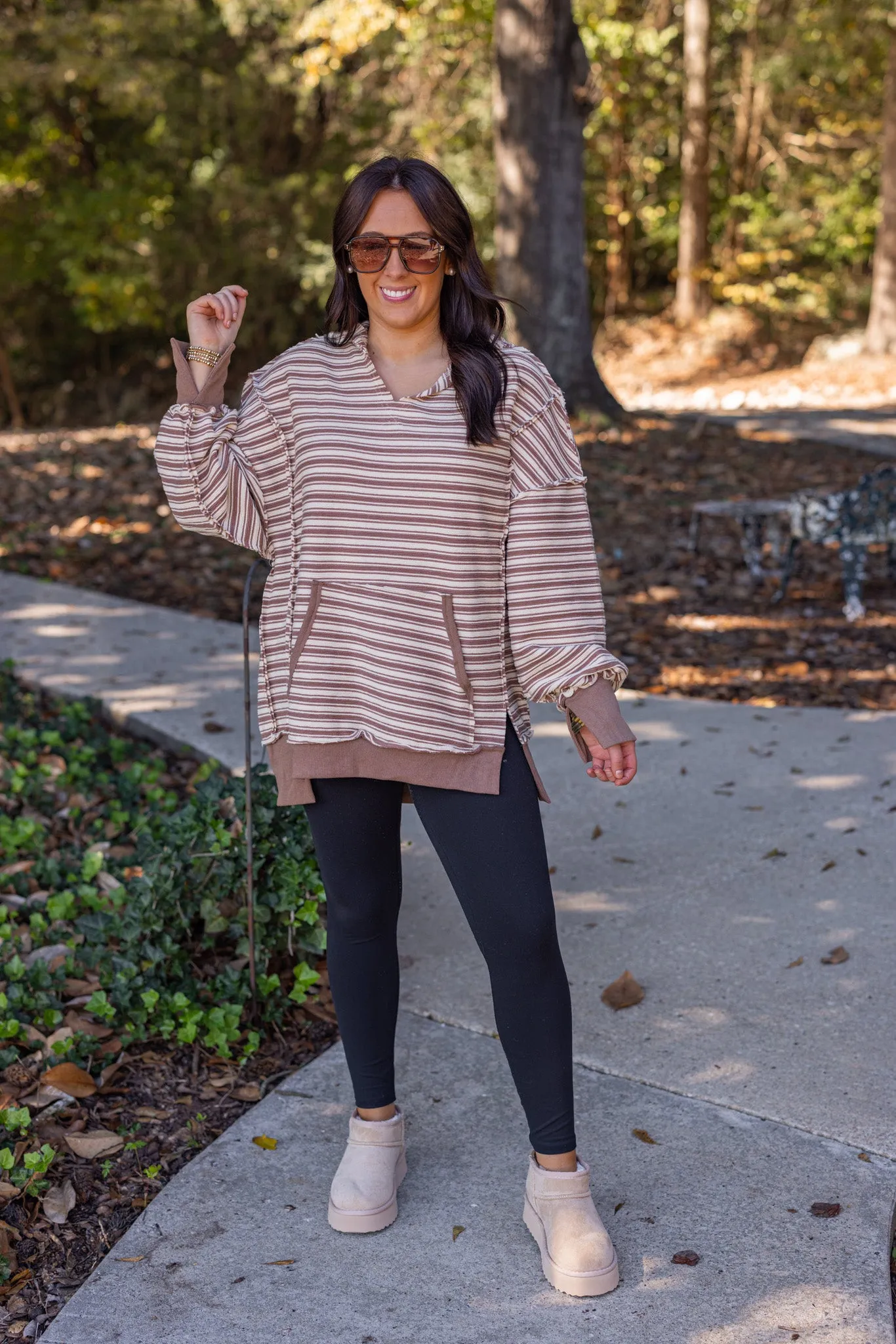 Striped Indulgence Brown Textured Hoodie