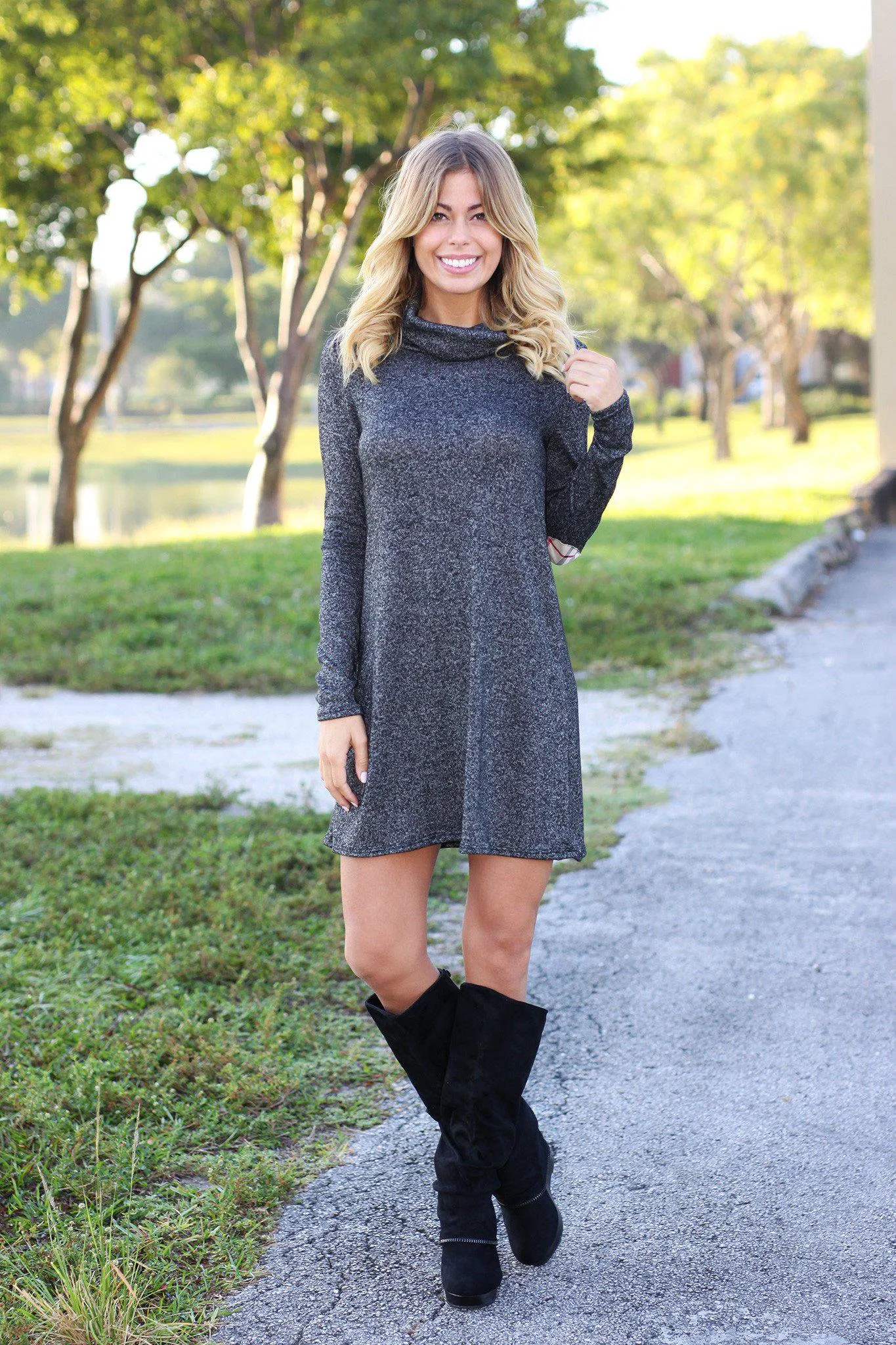 Sweater Dress with Plaid Elbow Patches