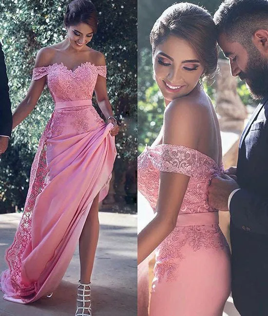 Sweetheart Neck Off Shoulder Lace Purple Prom Dresses, Lace Bridesmaid Dresses