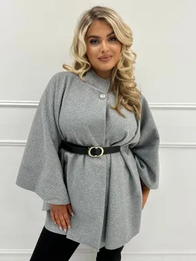 Talia Curve Grey Leather Belted Cape