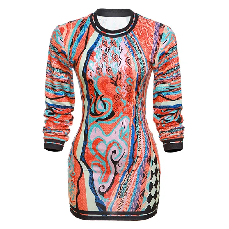 Trendy Colorful Long Sleeve O-Neck Sweater Party Dress