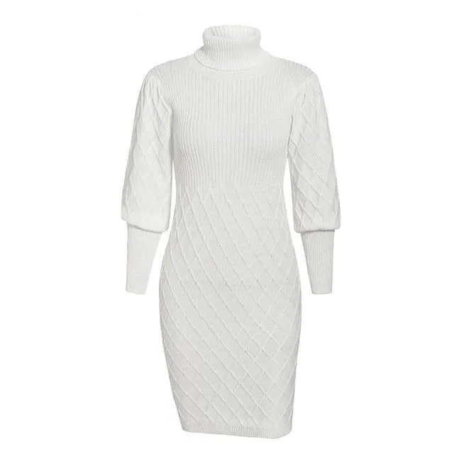 Turtleneck Long Cable Knitted Pullover Sweater Vintage Autumn Winter Lantern Sleeve Dress