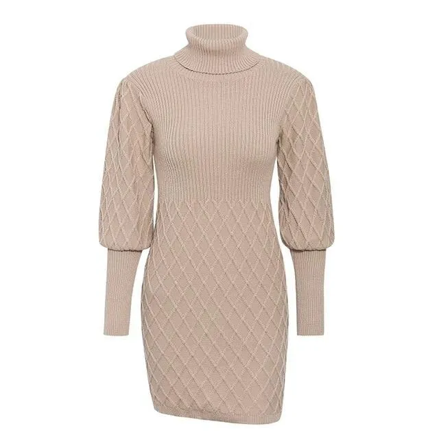 Turtleneck Long Cable Knitted Pullover Sweater Vintage Autumn Winter Lantern Sleeve Dress