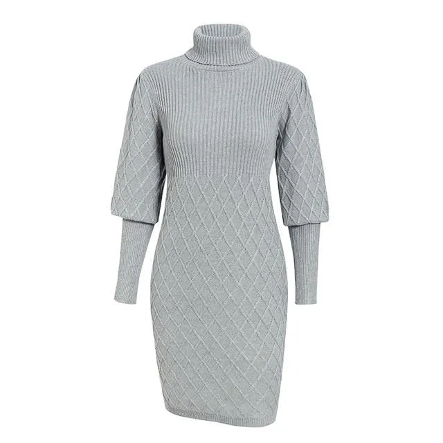 Turtleneck Long Cable Knitted Pullover Sweater Vintage Autumn Winter Lantern Sleeve Dress