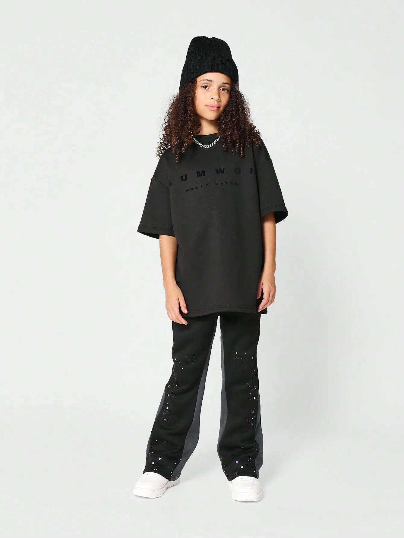 Tween Girl Flare Fit Contrast Colour Side Panel Sweatpants With Splatter Paint