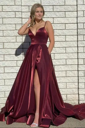 V Neck Backless Burgundy Long Prom Dress with High Slit, Backless Burgundy Formal Dress, Burgundy Evening Dress A1284