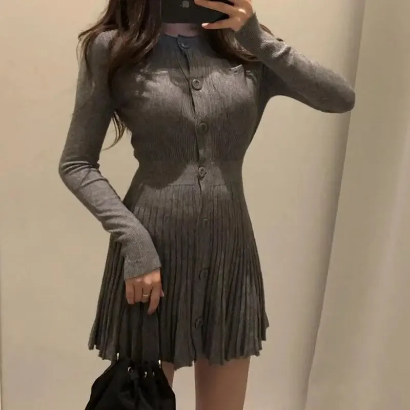 Vintage Knitted Pleated Dress Autumn Retro Casual Knitwear Sweater Mini Dress Long Sleeve Robe Femme Vestidos Clothes