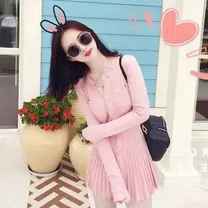 Vintage Knitted Pleated Dress Autumn Retro Casual Knitwear Sweater Mini Dress Long Sleeve Robe Femme Vestidos Clothes