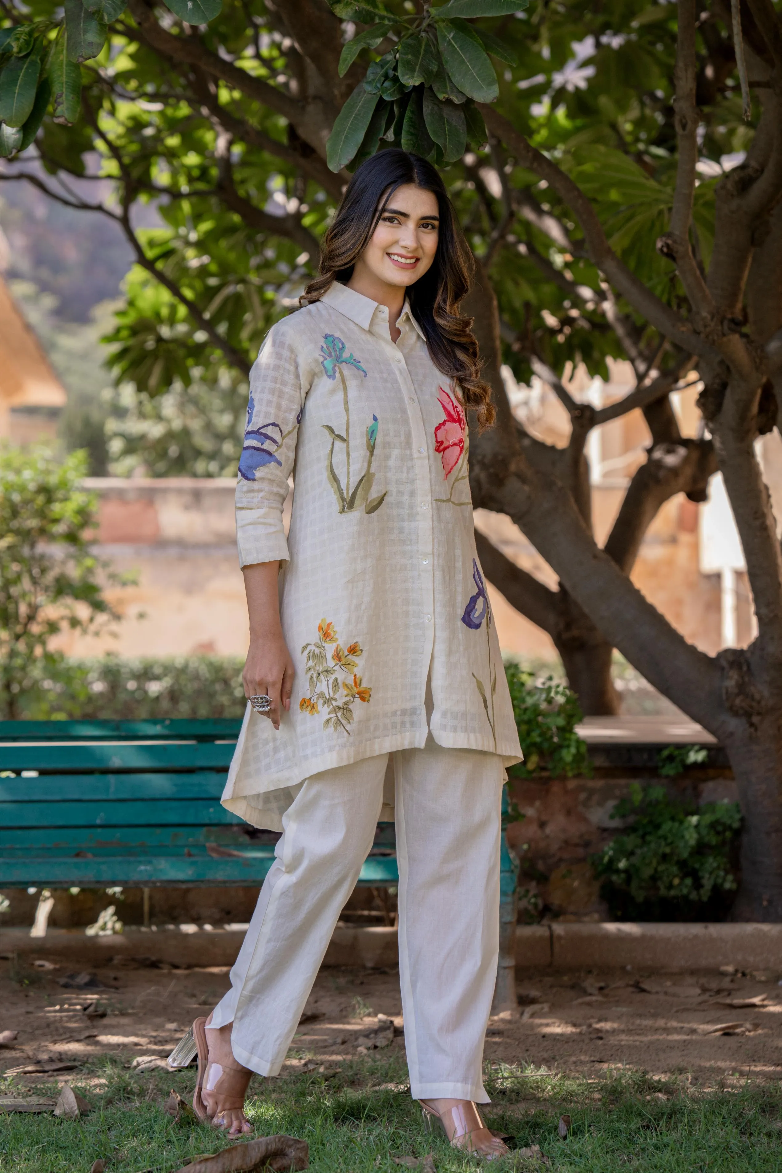 White Floral Printed Cotton Linen Silk Co-Ord Set