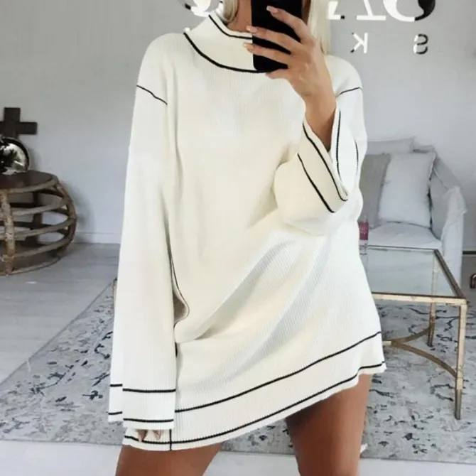 White Streetwear Turtleneck Loose Long Sleeve Knitted Dress