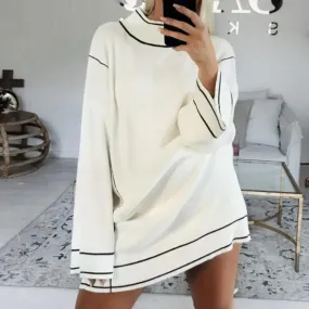 White Streetwear Turtleneck Loose Long Sleeve Knitted Dress