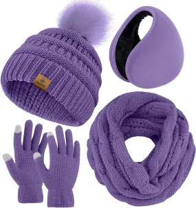 Winter Knit Purple Beanie Hat, Scarf, Ear Muff & Gloves Set