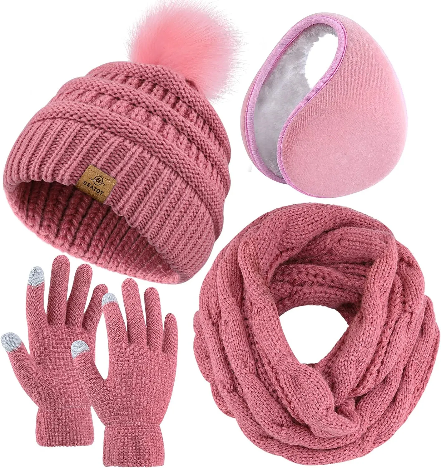 Winter Knit Purple Beanie Hat, Scarf, Ear Muff & Gloves Set