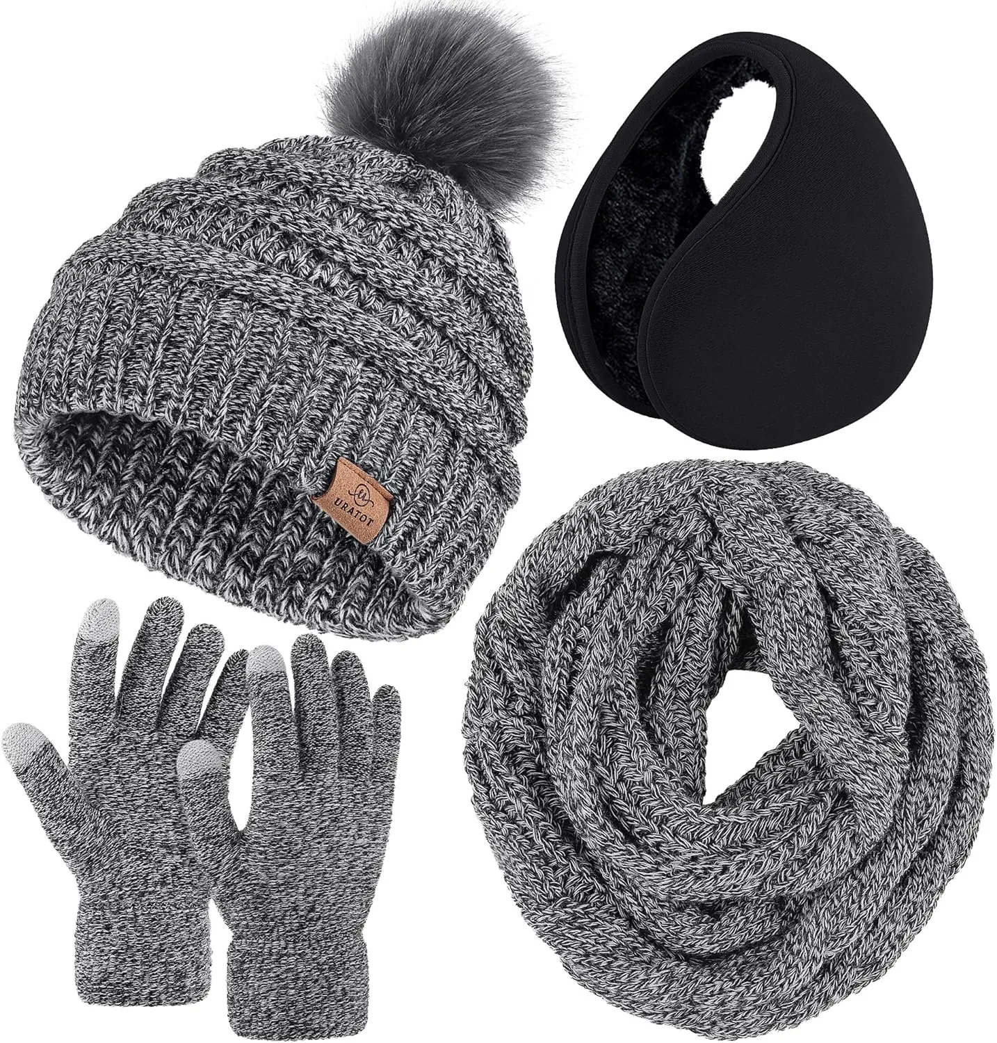 Winter Knit Purple Beanie Hat, Scarf, Ear Muff & Gloves Set