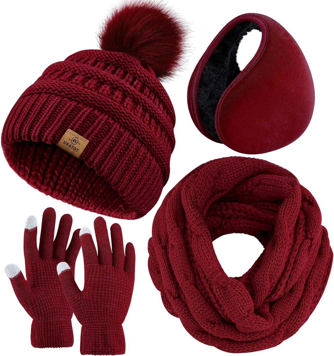 Winter Knit Purple Beanie Hat, Scarf, Ear Muff & Gloves Set