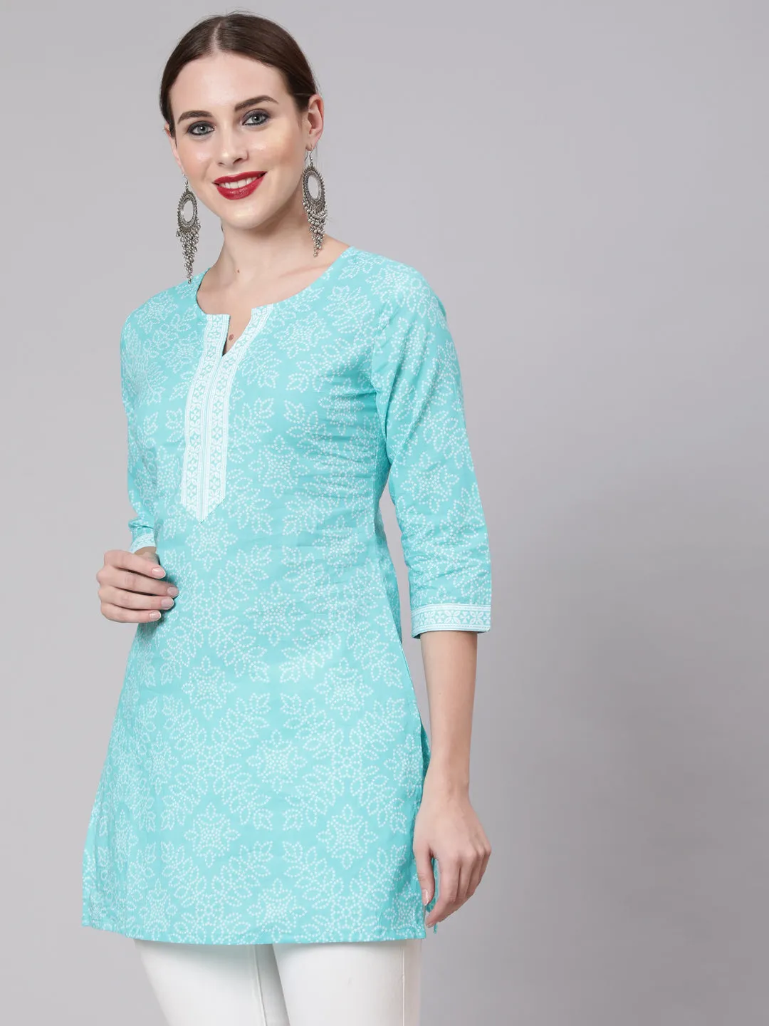 Women Aqua Blue Bandhani Printed Straight Tunic