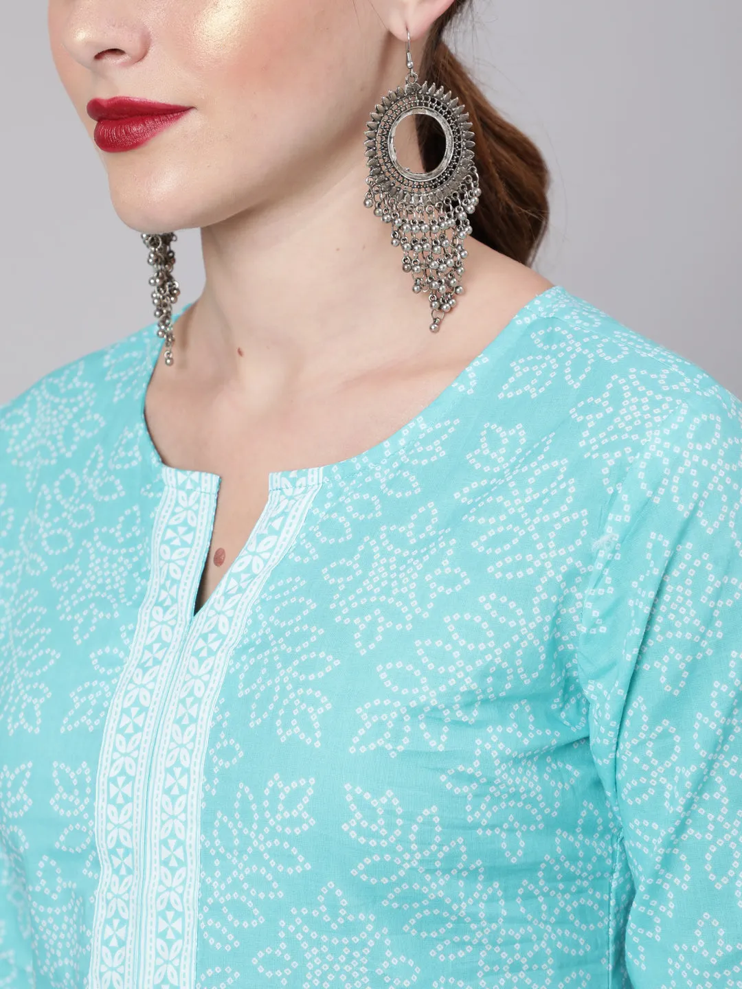 Women Aqua Blue Bandhani Printed Straight Tunic