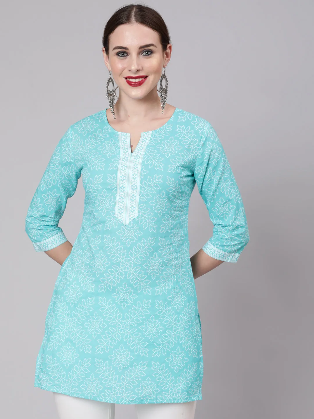 Women Aqua Blue Bandhani Printed Straight Tunic