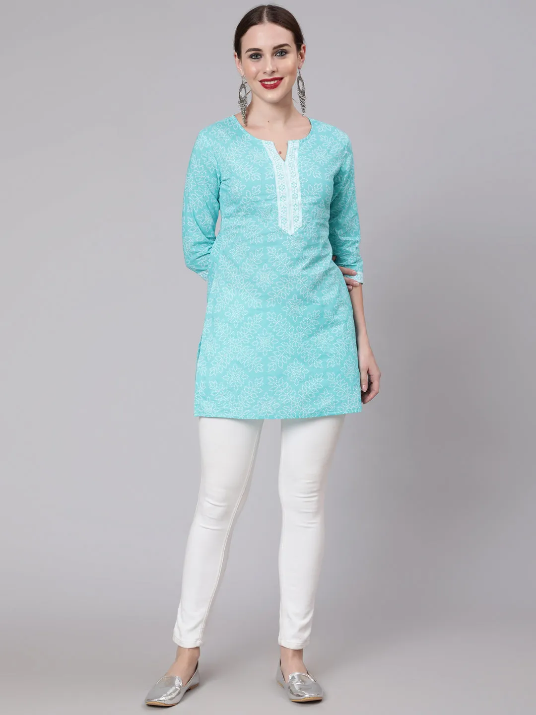 Women Aqua Blue Bandhani Printed Straight Tunic