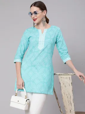 Women Aqua Blue Bandhani Printed Straight Tunic