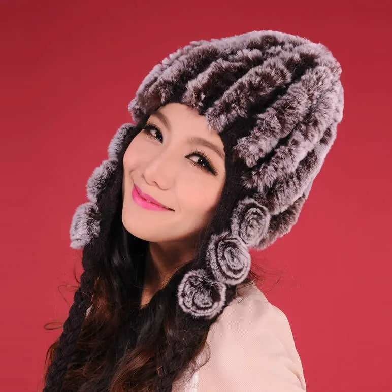 Women Beanies Real Rex Rabbit Fur Hat Ear Muffs Winter 13605