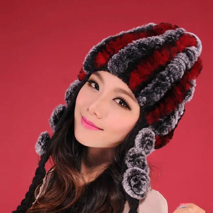 Women Beanies Real Rex Rabbit Fur Hat Ear Muffs Winter 13605