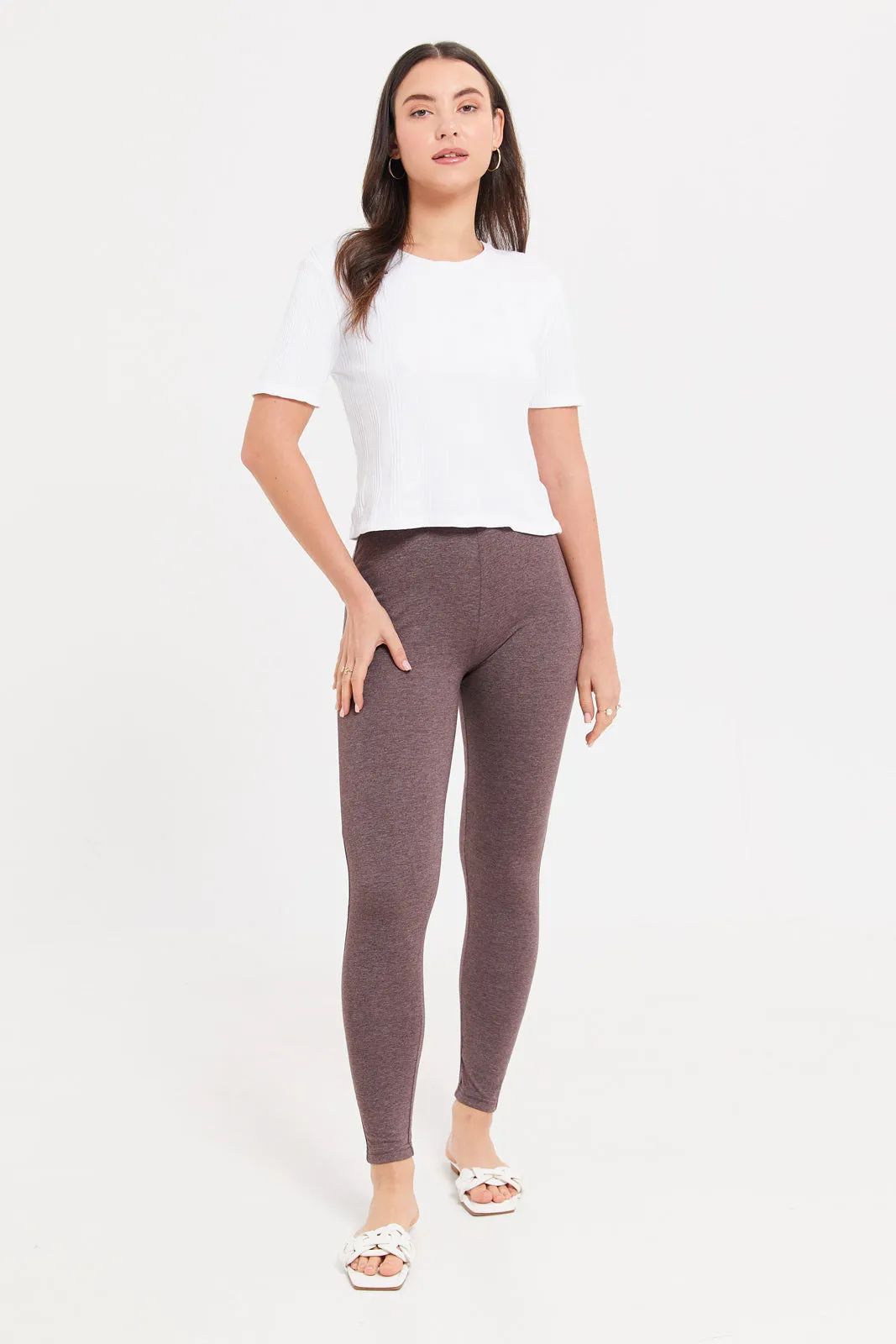 Women Brown And Beige Solid Leggings (Pack of 2)