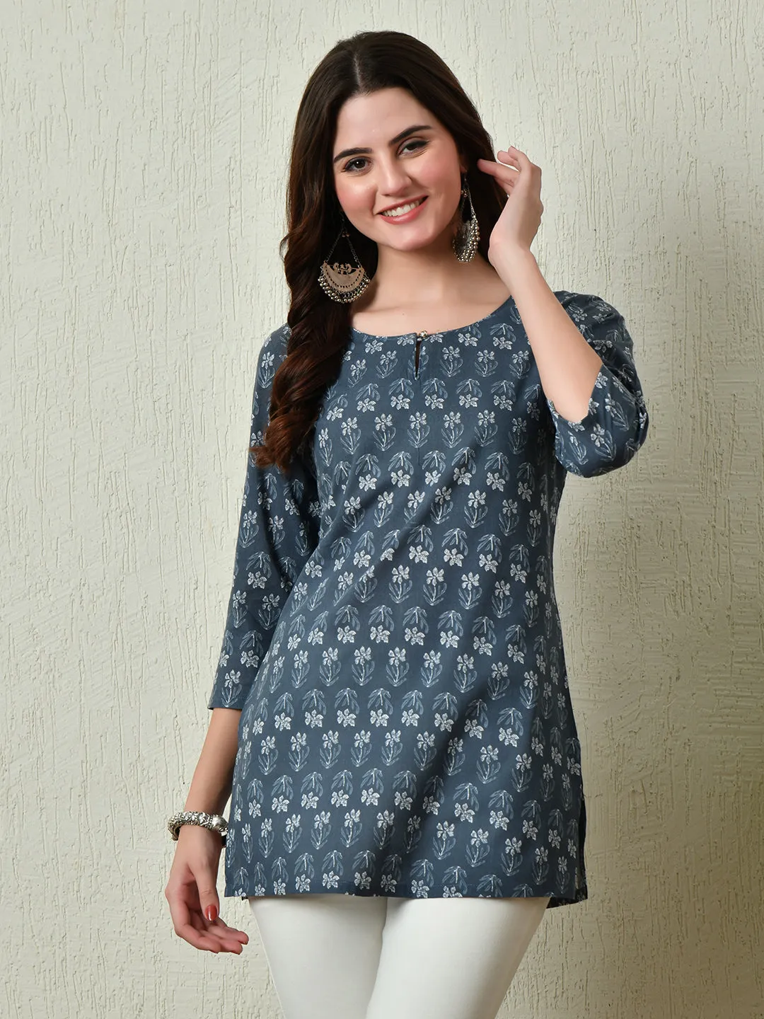 Women Stylish Grey Cotton Short Kurti With Elegant Print