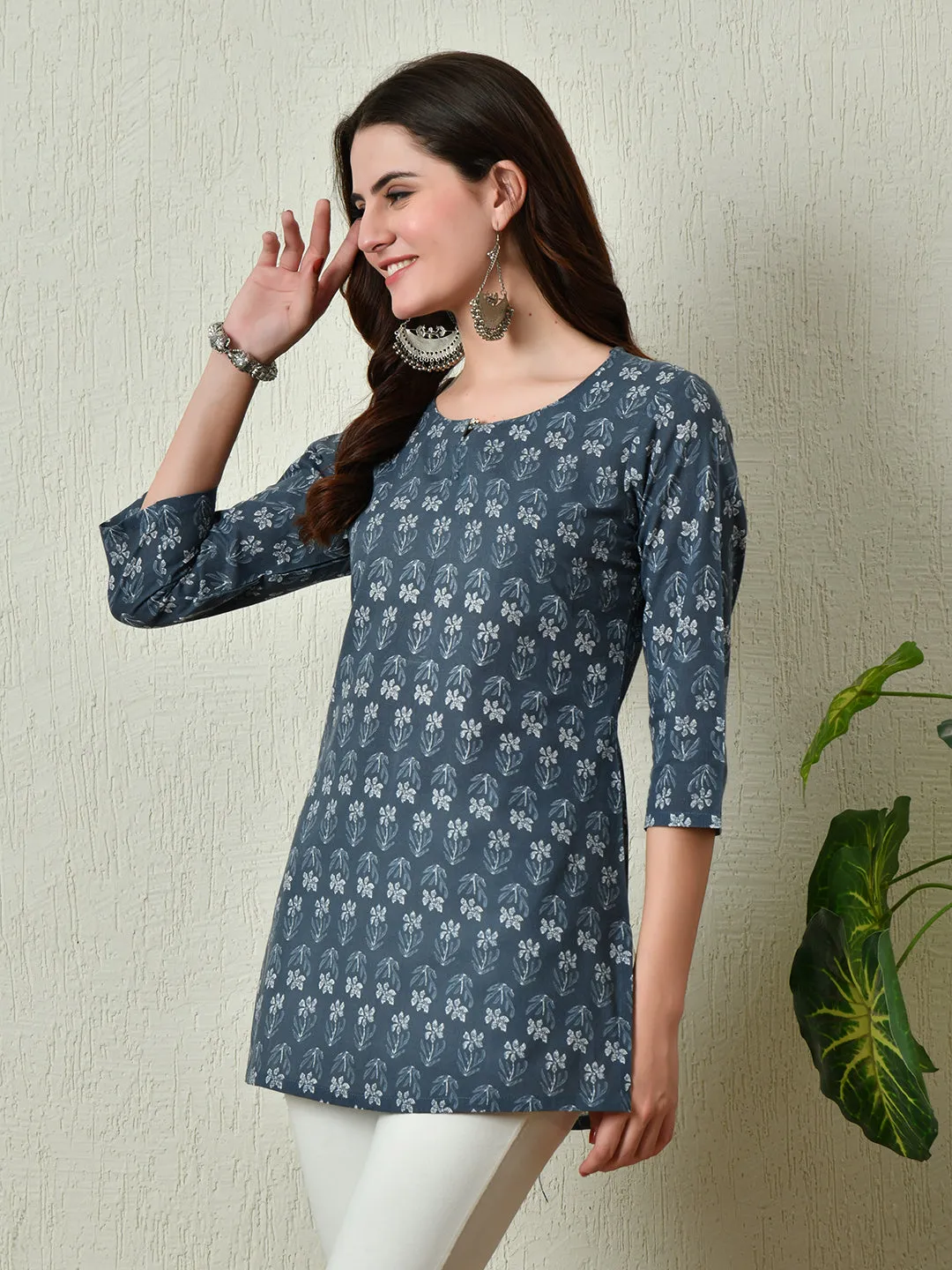 Women Stylish Grey Cotton Short Kurti With Elegant Print