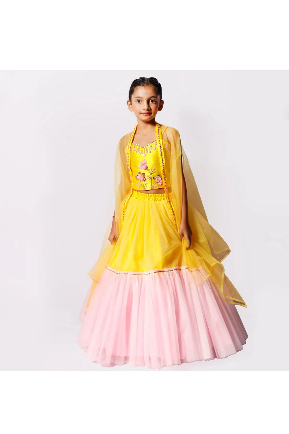 Yellow Flower Sequins Embroidered Top With Cape Lehenga Set