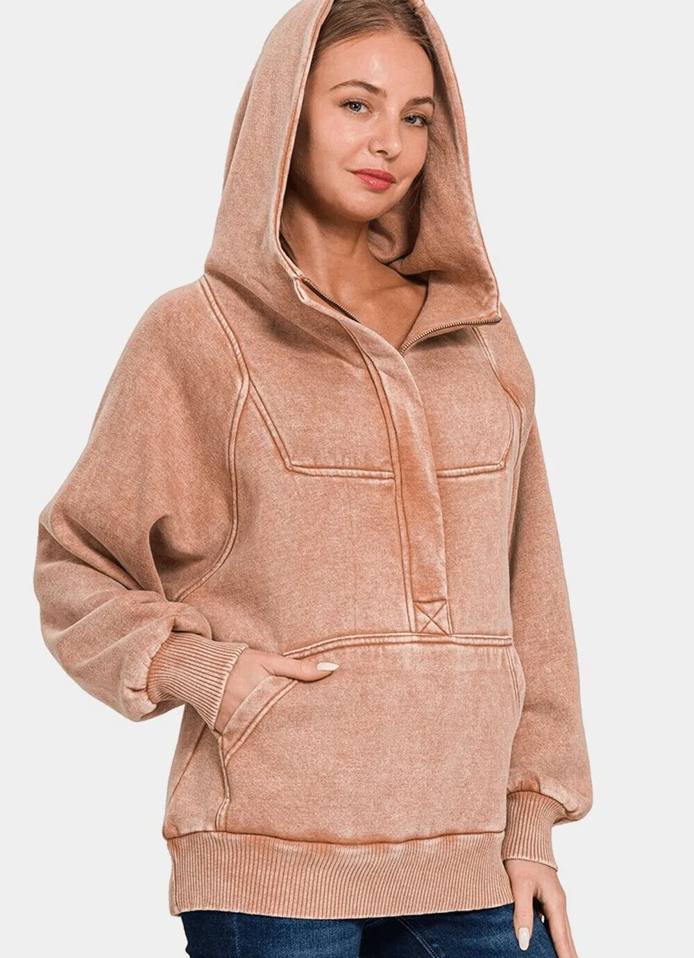 Zenana Hoodie Rusty Pink Kangaroo Pocketed Hooded Cotton Long Sleeve Sweatshirt