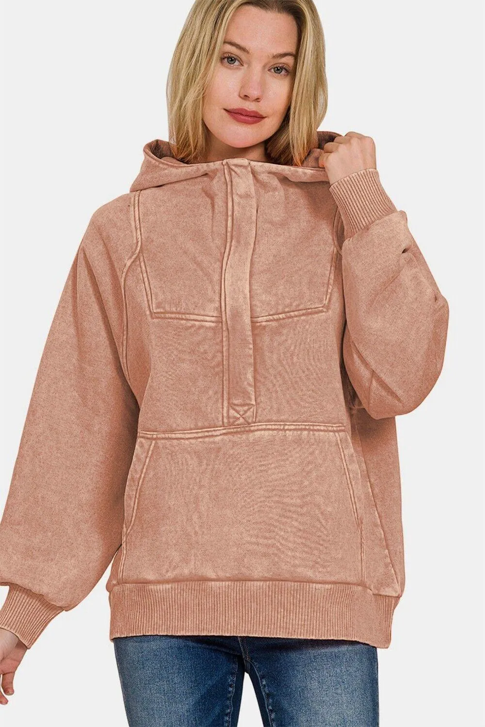 Zenana Hoodie Rusty Pink Kangaroo Pocketed Hooded Cotton Long Sleeve Sweatshirt