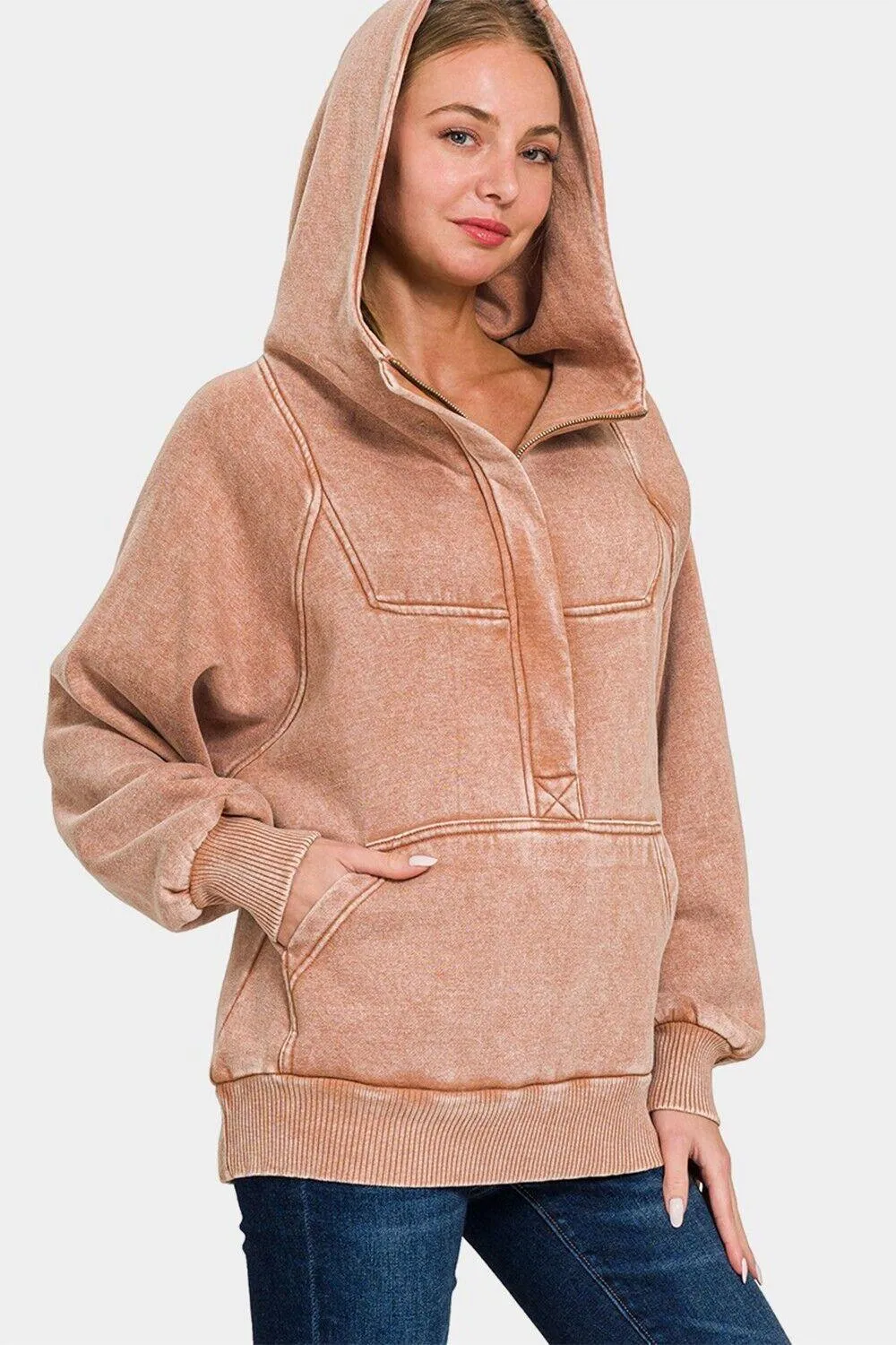 Zenana Hoodie Rusty Pink Kangaroo Pocketed Hooded Cotton Long Sleeve Sweatshirt