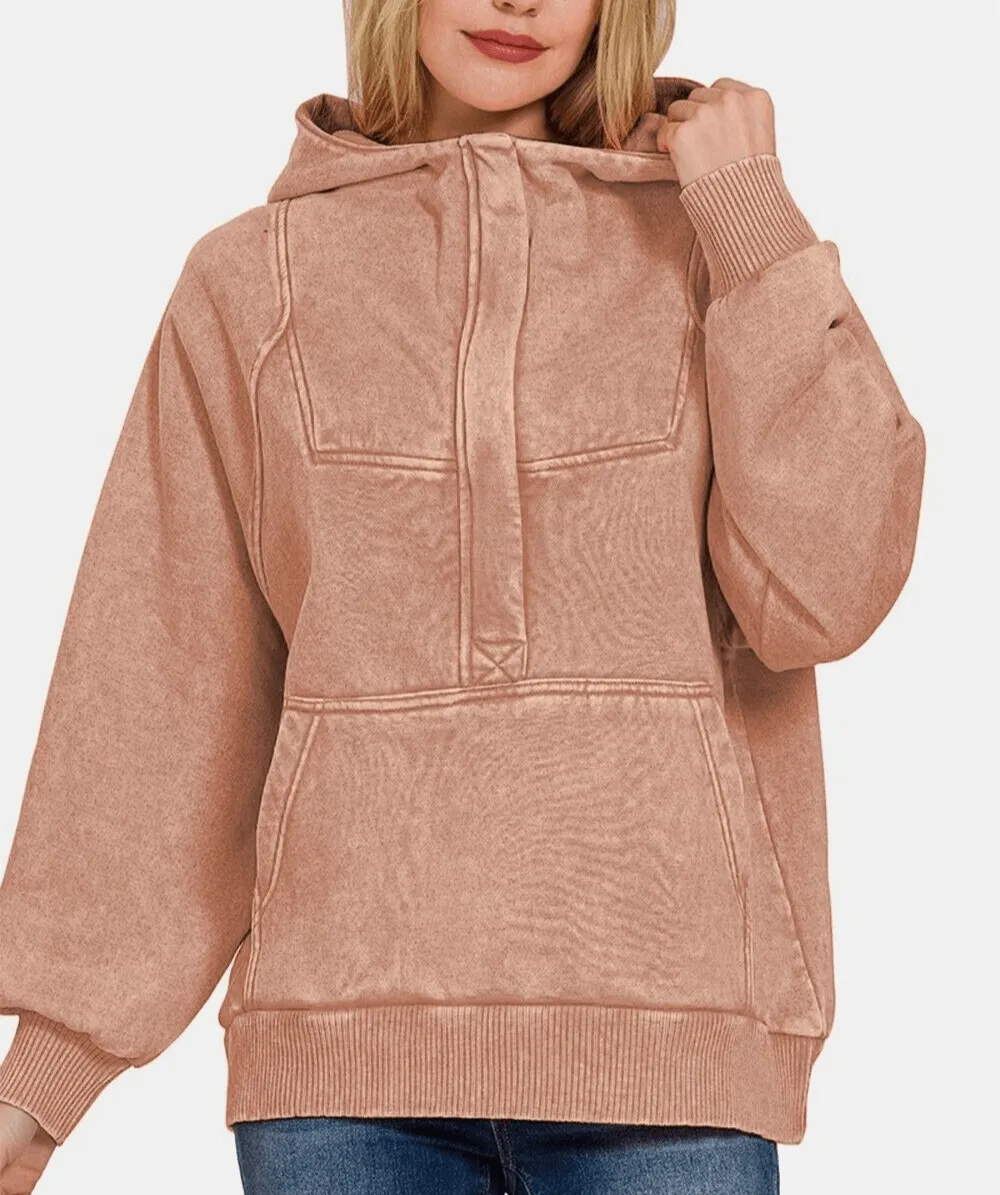 Zenana Hoodie Rusty Pink Kangaroo Pocketed Hooded Cotton Long Sleeve Sweatshirt