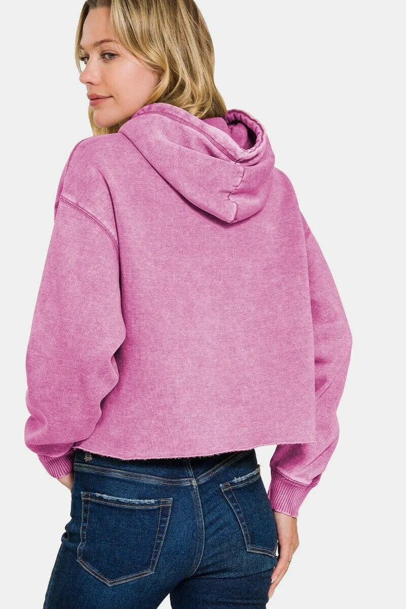 Zenana Mauve Cropped Hoodie Women Hooded Acid Wash Fleece Sweatshirt