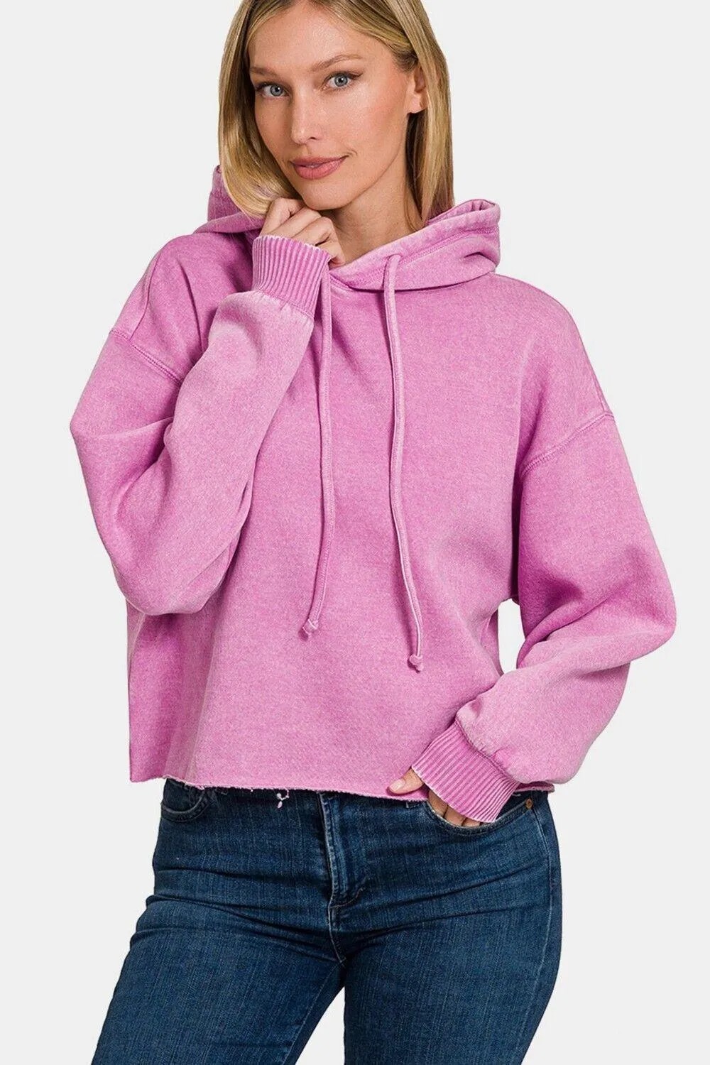 Zenana Mauve Cropped Hoodie Women Hooded Acid Wash Fleece Sweatshirt