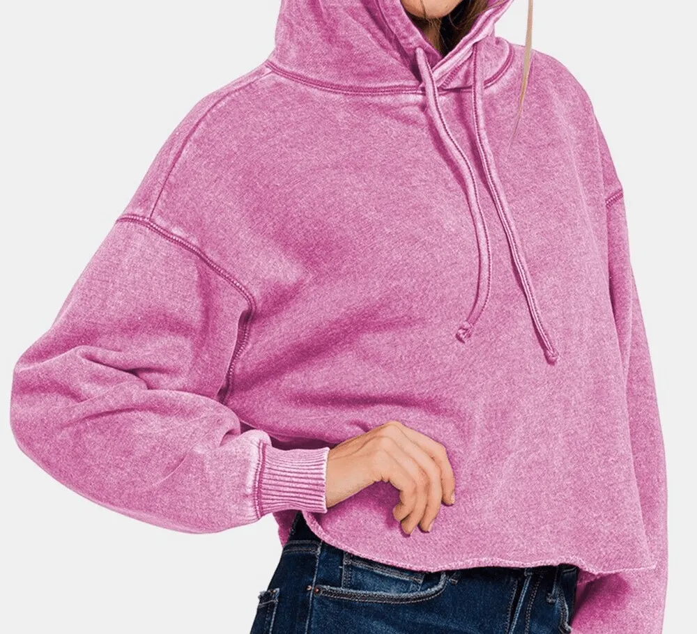 Zenana Mauve Cropped Hoodie Women Hooded Acid Wash Fleece Sweatshirt