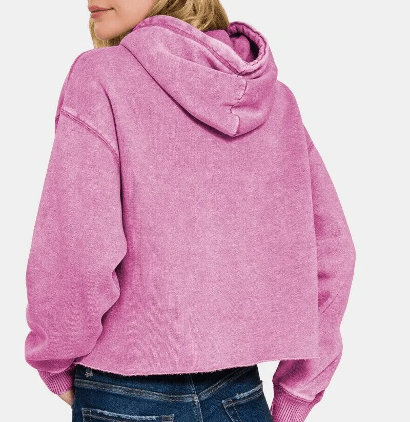 Zenana Mauve Cropped Hoodie Women Hooded Acid Wash Fleece Sweatshirt